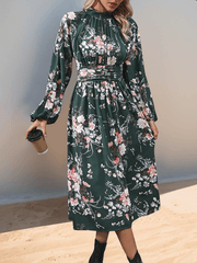 floral print elegant high waist long sleeve midi dress