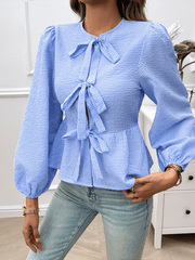 Women's casual puff sleeve round neck loose long sleeve shirt