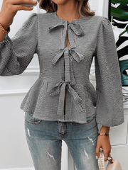 Women's casual puff sleeve round neck loose long sleeve shirt