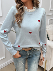 Women's Casual Embroidered Love Heart Long Sleeve Sweater