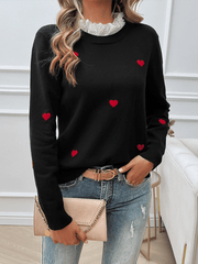 Women's Casual Embroidered Love Heart Long Sleeve Sweater