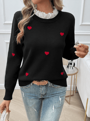 Women's Casual Embroidered Love Heart Long Sleeve Sweater