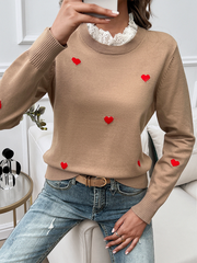 Women's Casual Embroidered Love Heart Long Sleeve Sweater