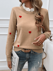 Women's Casual Embroidered Love Heart Long Sleeve Sweater