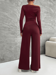 Women's Y2K Slim Fit Long Sleeve Top Wide Leg Pants Set