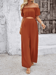 Casual solid color short-sleeved wide-leg jumpsuit