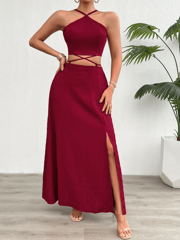 Strapless solid color top and skirt set