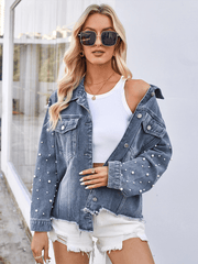 Washed Beaded Long Sleeve Casual Denim Jacket Top