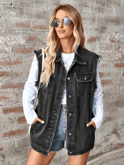 Ladies washed denim loose vest waistcoat cardigan