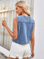 Ladies washed slim collarless denim short vest