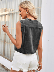 Ladies washed slim collarless denim short vest