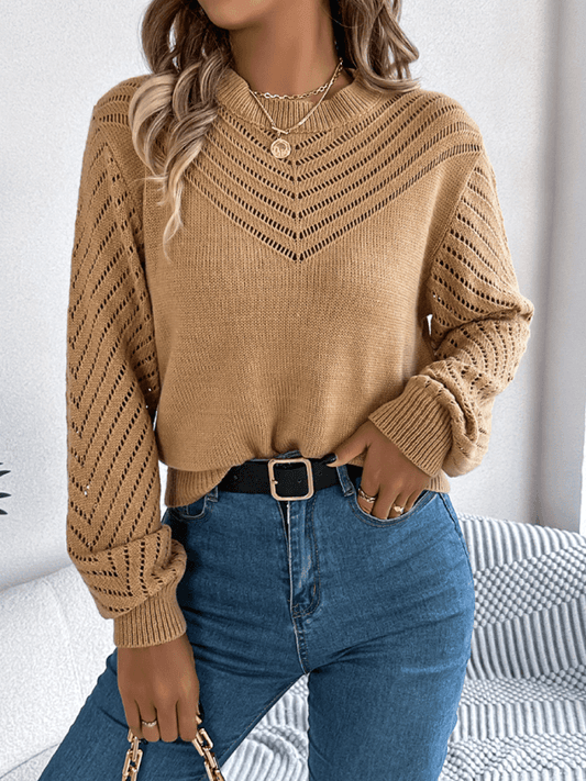 Women's casual round neck hollow lantern sleeve pullover sweater