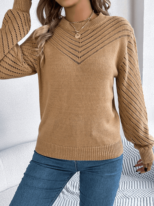 Women's casual round neck hollow lantern sleeve pullover sweater