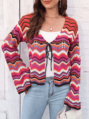 Rainbow Wave Woven Cardigan Sweater with Monochrome Stripes