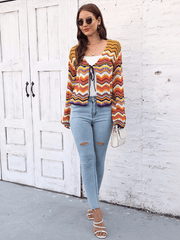 Rainbow Wave Woven Cardigan Sweater with Monochrome Stripes