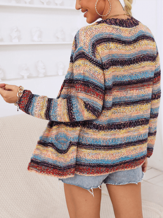 Heather Stripe Woven Warm Jacket Double Pocket Buttonless Cardigan Sweater