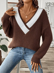 Contrast color stitching large V-neck loose pullover sweater