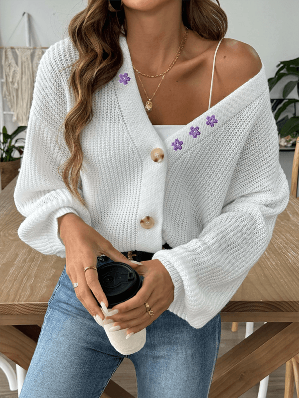 Floral Embroidered Applique Cropped Button Cardigan Sweater