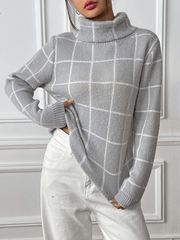 Contrast Plaid Turtleneck Sweater Top