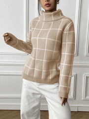 Contrast Plaid Turtleneck Sweater Top