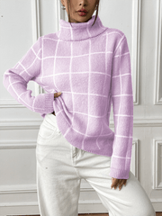 Contrast Plaid Turtleneck Sweater Top