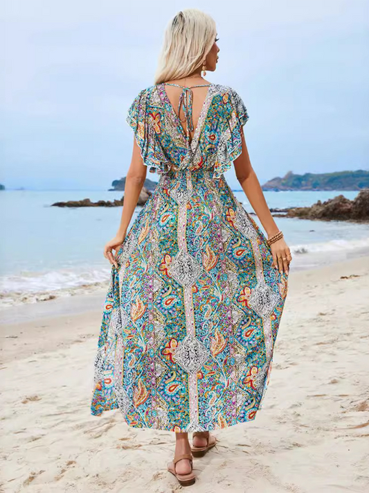 V-neck open back rayon printed ruffled slit dress