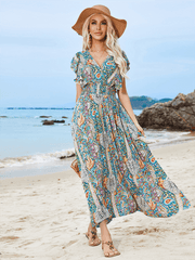 V-neck open back rayon printed ruffled slit dress