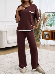 Contrast color short-sleeved trousers and sweater set