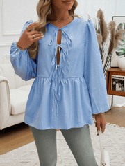 Women's casual loose striped lace-up shirt