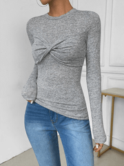 Twisted solid color long sleeve slim fit T-shirt