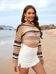 Women's hollow striped patchwork sexy bikini beach cover-up