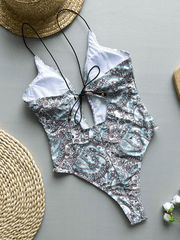 Deep V halter print one-piece swimsuit