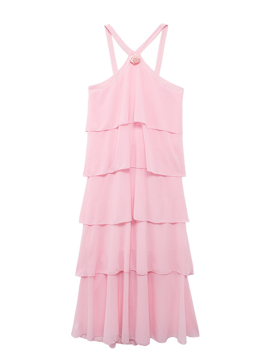 Sweet pink halter neck backless layered cake slim elegant dress