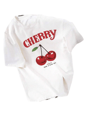 Oversized cherry print casual simple loose versatile white round neck short-sleeved T-shirt