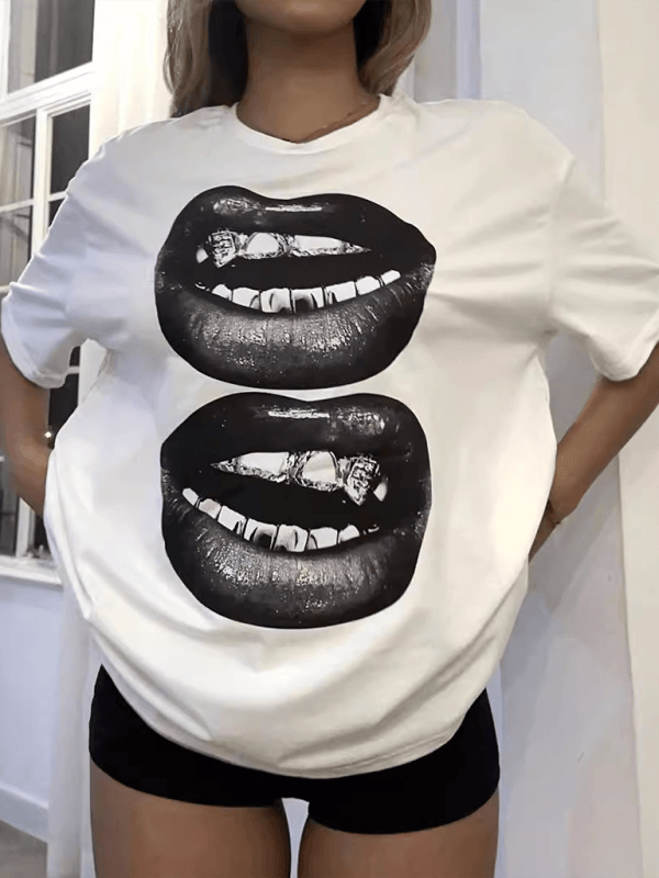 Fashion Lip Printed Round Neck Short Sleeve T-Shirt