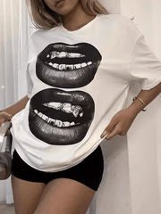 Fashion Lip Printed Round Neck Short Sleeve T-Shirt