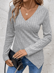 Basic all-match solid color T-shirt ribbed brushed V-neck ladies T-shirt top