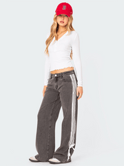 loose side drawstring wide-leg women's jeans