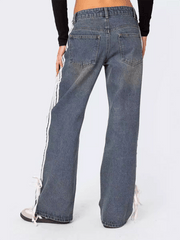 loose side drawstring wide-leg women's jeans