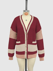 Knitted Jacket V-Neck Large Size Pocket Colorblock Cardigan Sweater