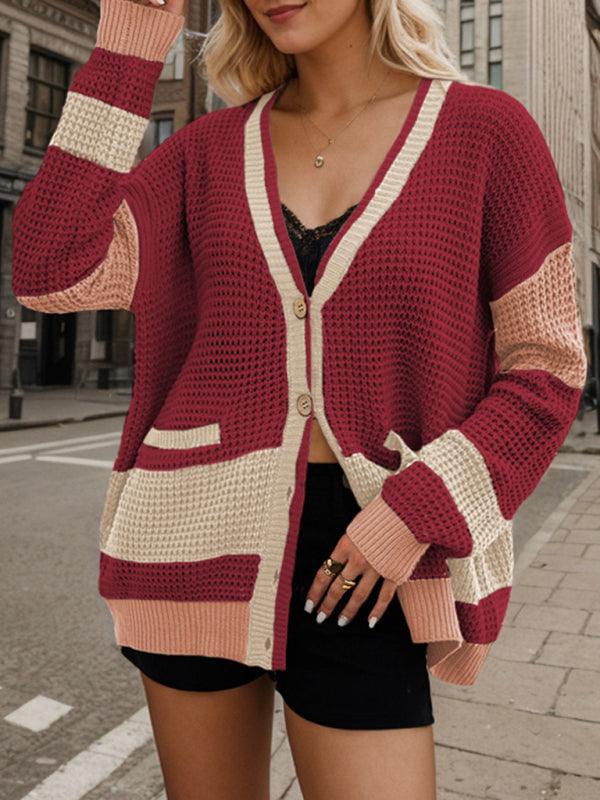 Knitted Jacket V-Neck Large Size Pocket Colorblock Cardigan Sweater