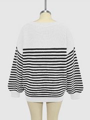 Fashion striped color block knitted long sleeve round neck sweater