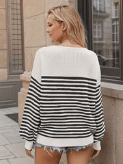 Fashion striped color block knitted long sleeve round neck sweater