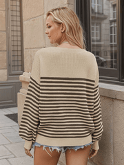 Fashion striped color block knitted long sleeve round neck sweater