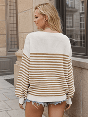 Fashion striped color block knitted long sleeve round neck sweater