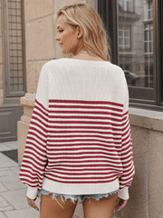 Fashion striped color block knitted long sleeve round neck sweater