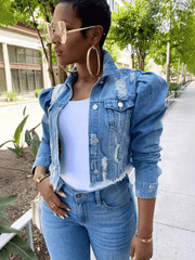 Women's Denim Puff Sleeve Denim Jacket