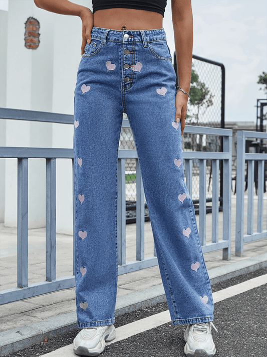 Love Heart Embroidery Casual High Waist Straight Jeans