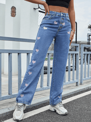 Love Heart Embroidery Casual High Waist Straight Jeans