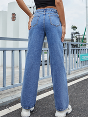 Love Heart Embroidery Casual High Waist Straight Jeans